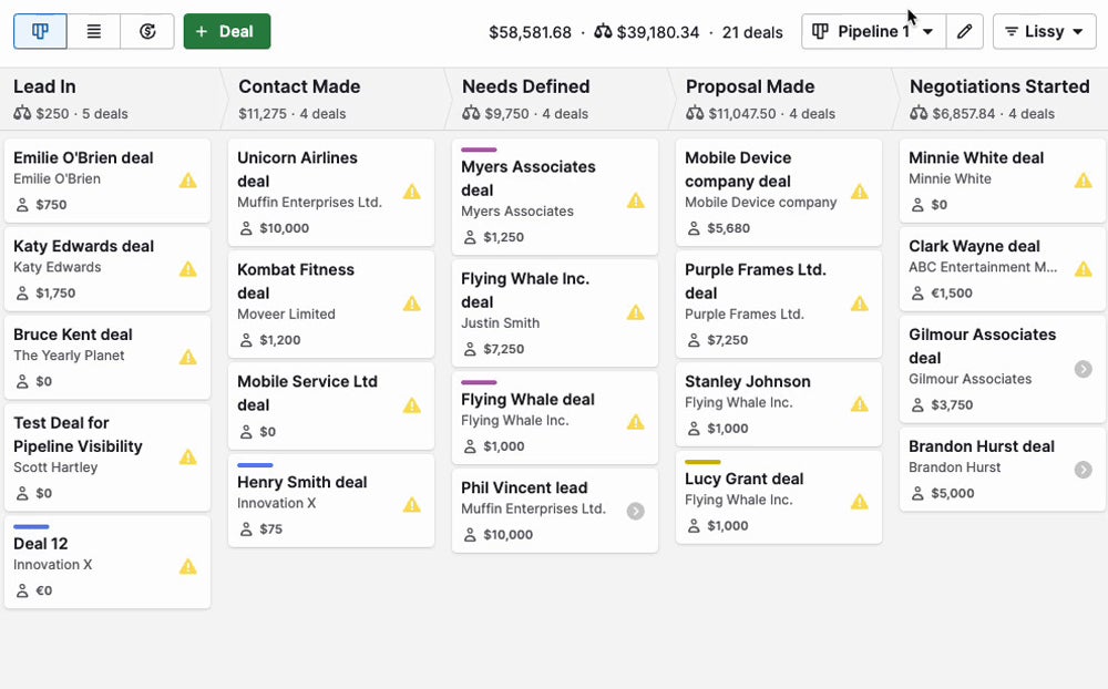 Pipedrive pilement management view.