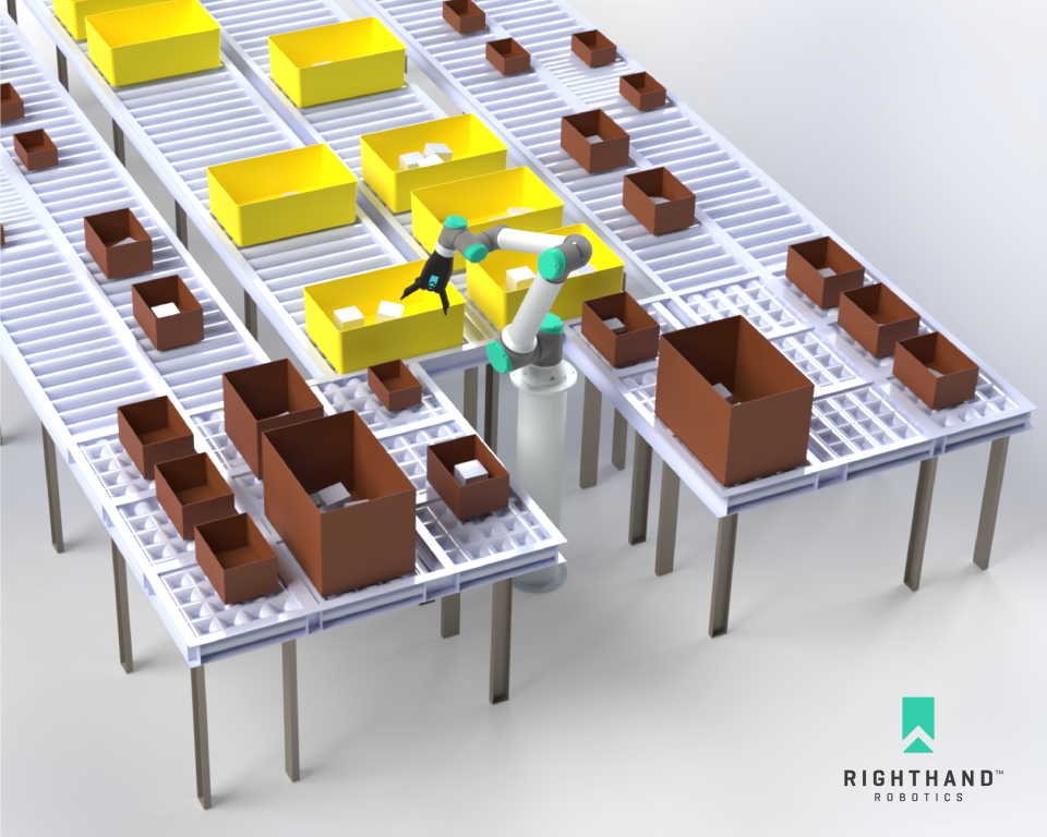 During operations, the RightPick system will be stationed at the end of a conveyor belt to receive and pick products from the SSI source tote, barcode scan if necessary, and place the product in the designated tote location for its final destination.