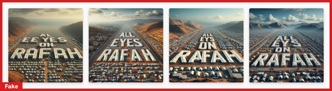 These are the results produced for NPR by Microsoft’s Image Creator after given a prompt to produce a realistic-looking aerial photo of Rafah, with the phrase “all eyes on Rafah” superimposed among the tents.