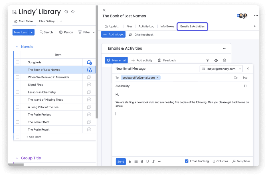 Sending an email from the monday CRM dashboard