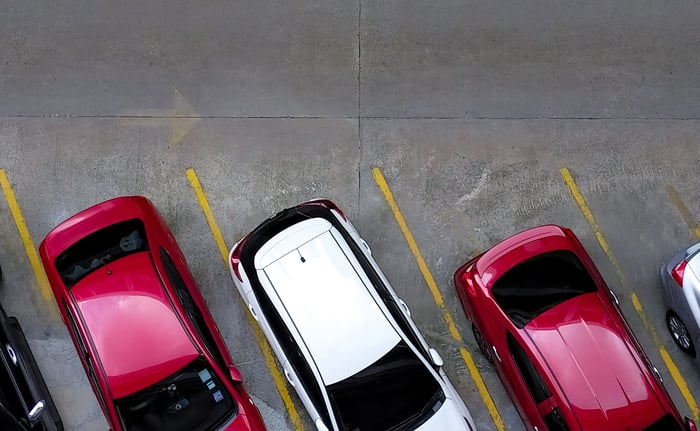 Overhead view of SUVs in parking lot.