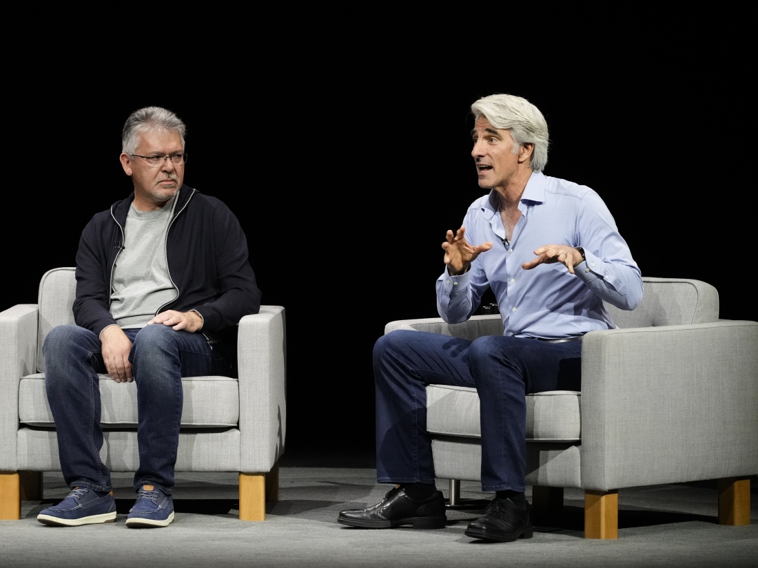 Apple software chief Craig Federighi, right, pictured with exec John Giannandrea, announced a partnership with OpenAI to bring AI features to its products. 