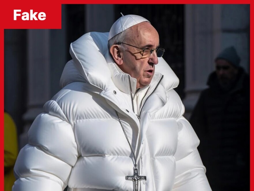  AI-generated image: a fake image of Pope Francis wearing a white puffer jacket.