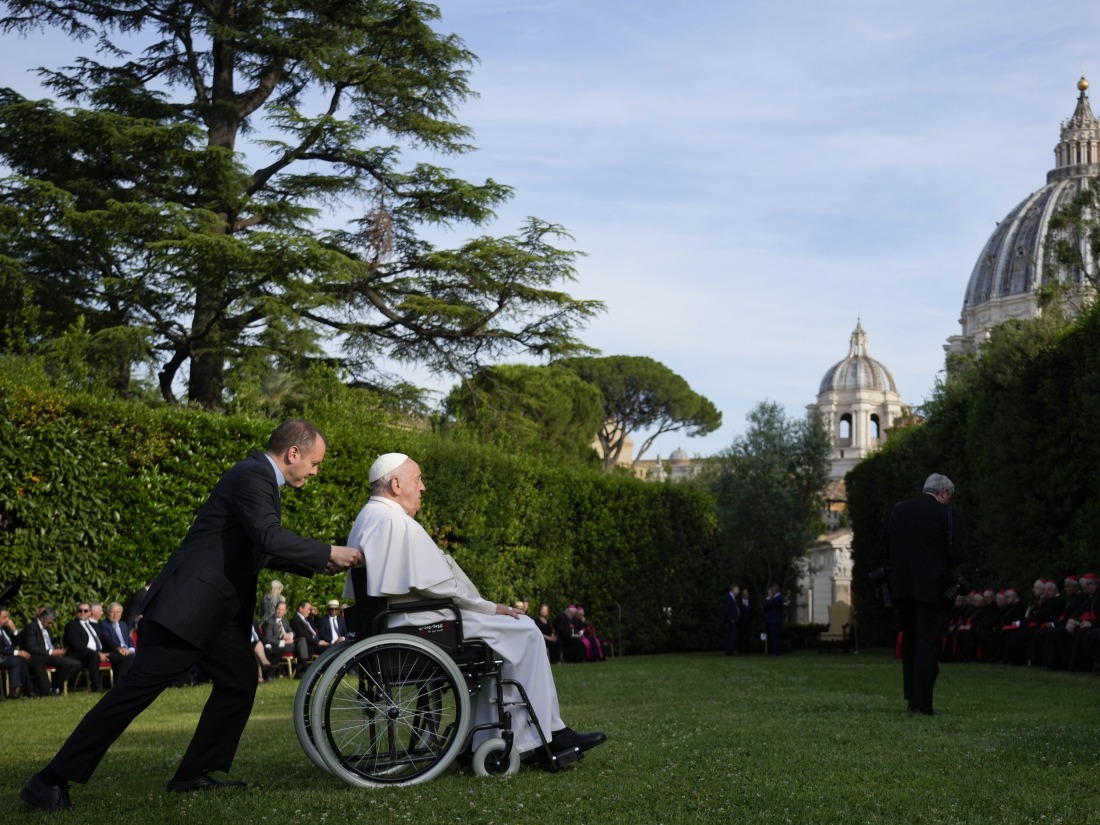 Pope Francis leaves evening prayers in the Vatican Gardens on June 7. 