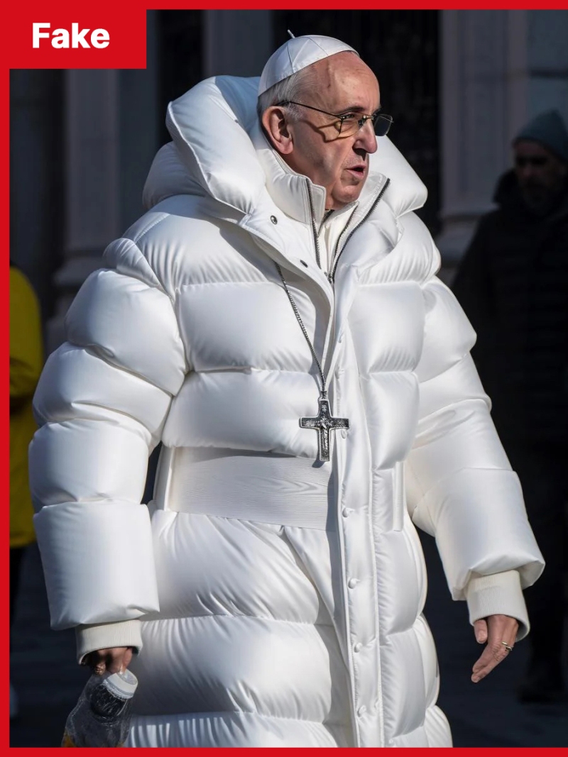 AI-generated image: a fake image of Pope Francis wearing a white puffer jacket.