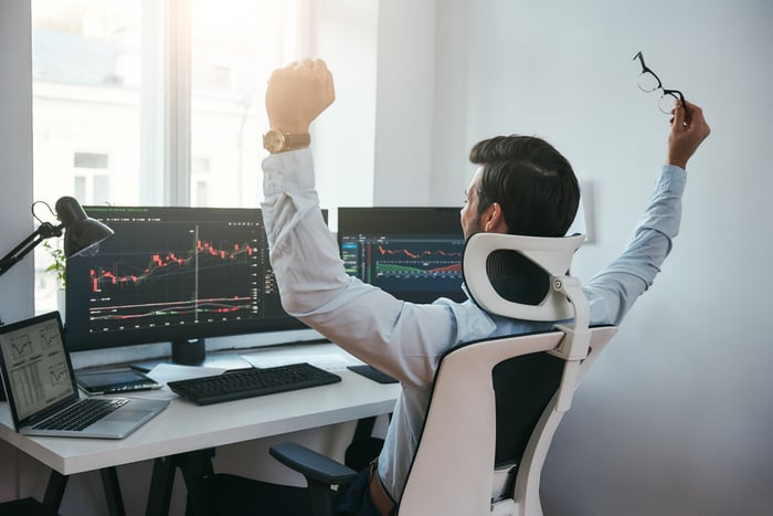 An investor raising their hands in celebration while looking at stock charts on a computer.