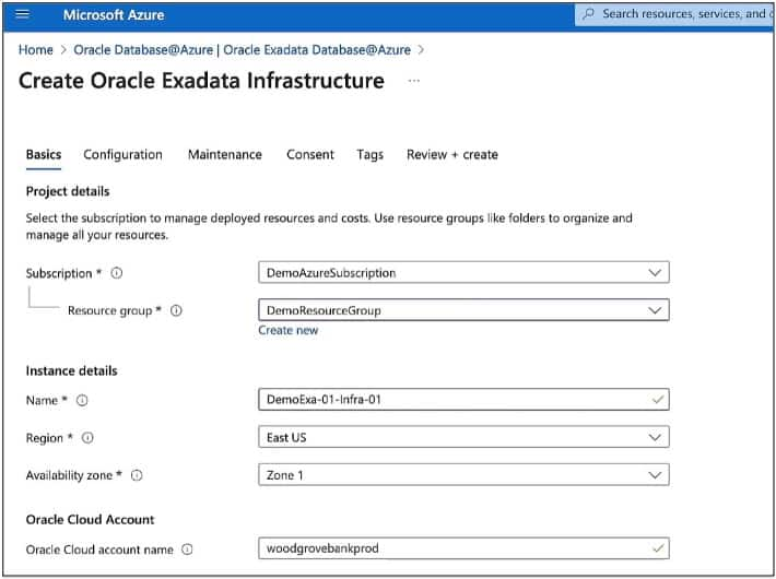 Image depicts creation of Oracle Exadata on Azure