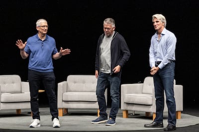 Apple big hitters, from left, Tim Cook, chief executive, John Giannandrea, senior vice president of machine learning and AI strategy, and Craig Federighi, senior vice president of software engineering, during the conference. Bloomberg