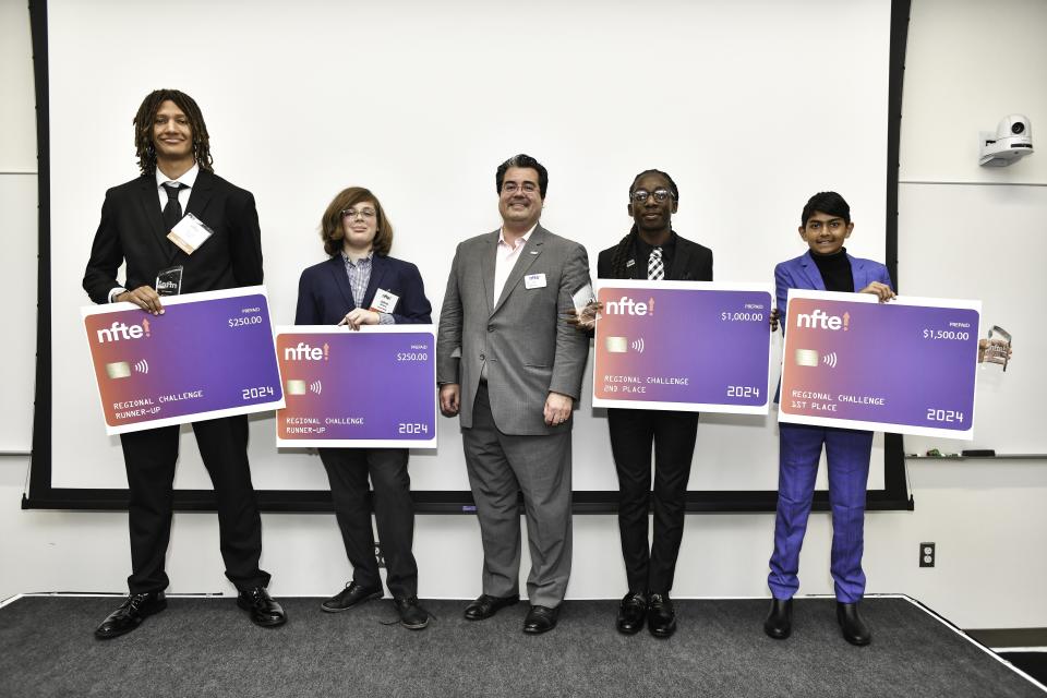 Dr. J.D. LaRock, CEO of global nonprofit Network for Teaching Entrepreneurship, poses with youth whose business ideas won top recognition at the 2024 NFTE Capital Youth Entrepreneurship Challenge. The students will present at the national finals in New York on Oct. 10.