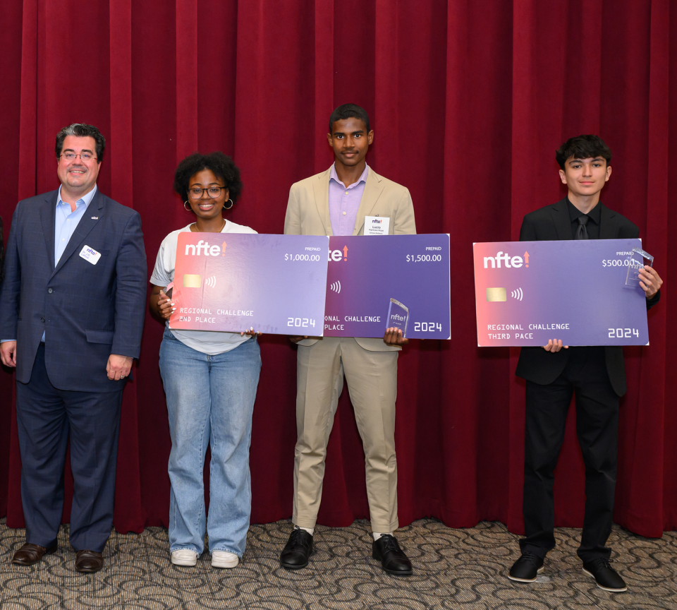 Dr. J.D. LaRock, CEO of global nonprofit Network for Teaching Entrepreneurship, poses with youth whose business ideas won top recognition at the 2024 NFTE West (Southern California) Youth Entrepreneurship Challenge. The students will present at the national finals in New York on Oct. 10.