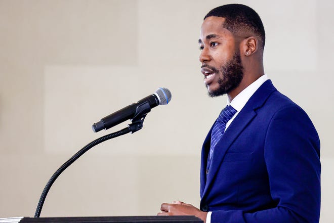 Tayvon Lewis speaks Thursday after Gov. Kevin Stitt's announcement.