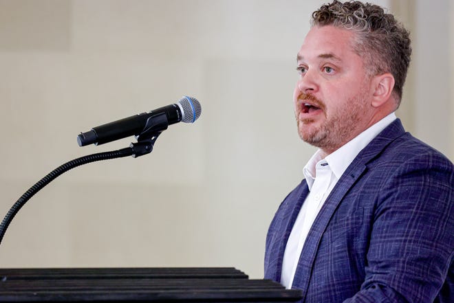 Andrew Silvestri, head of community engagement for Google, speaks Thursday after Gov. Kevin Stitt announced the rollout of an AI workforce development initiative.