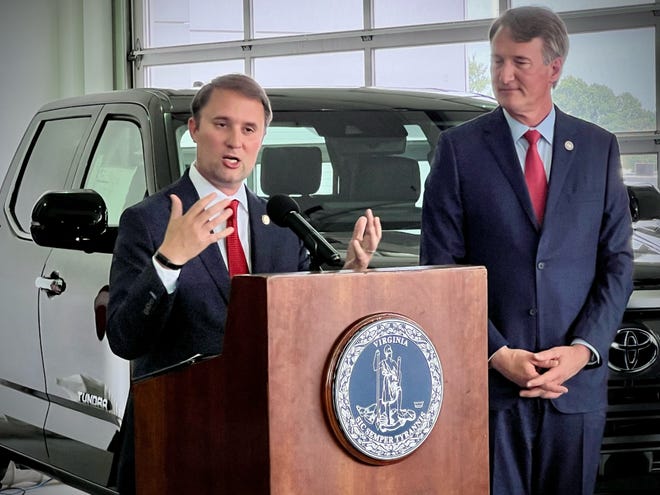 Virginia Attorney General Jason Miyares speaks to a gathering Wednesday, June 5, 2024, at Loyalty Toyota in Chester. Miyares joined Gov. Glenn Youngkin in announcing the end of Virginia's compliance with California standards governing mandatory purchase of electric vehicles.