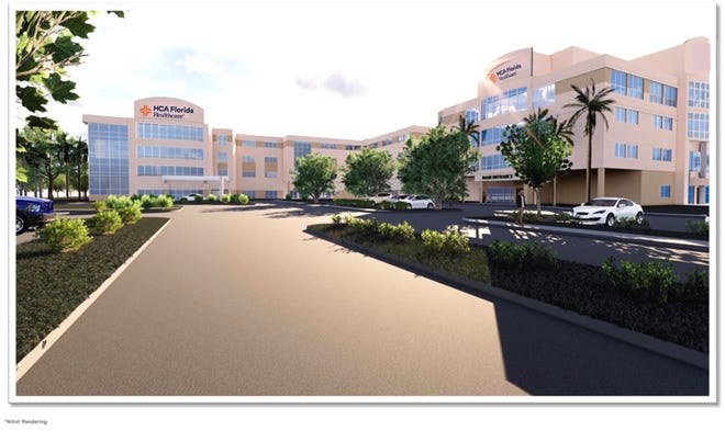 Rendering by HCA Palms West Hospital of the $80 million, five-floor tower it will open in 2027 for robotics-assisted surgeries.