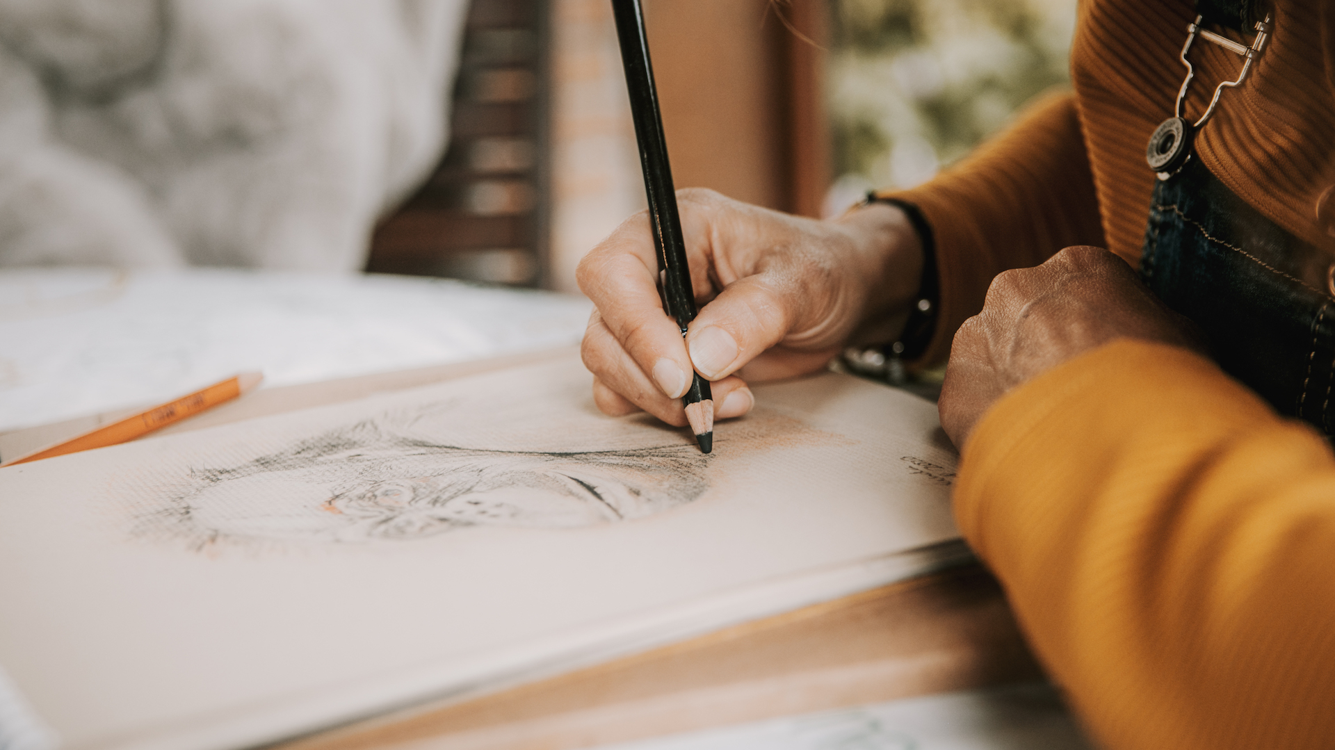 An artist drawing with pencils