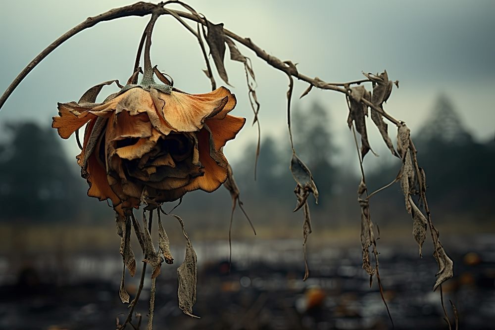 A wilted and discolored flower still on its stem hangs down at the end of its life cycle, suggesting the life cycle of data products and data product management.