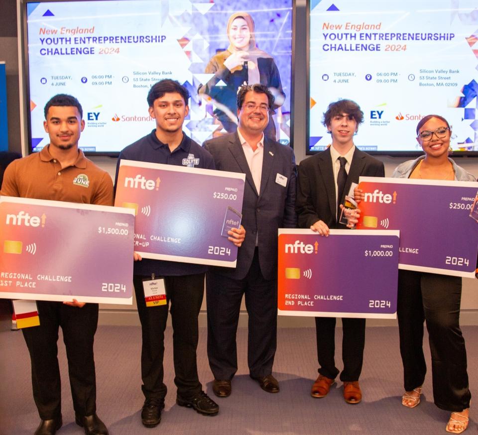 Dr. J.D. LaRock, CEO of global nonprofit Network for Teaching Entrepreneurship, poses with youth whose business ideas won top recognition at the 2024 NFTE New England Youth Entrepreneurship Challenge. The students will present at the national finals in New York on Oct. 10.