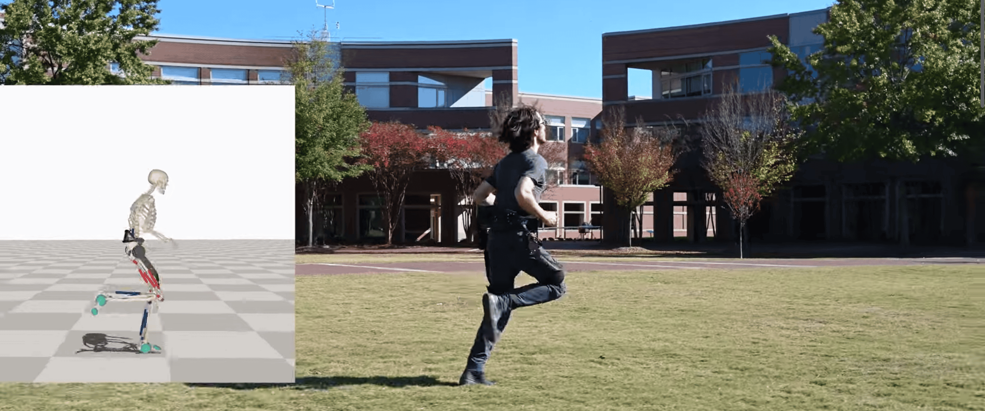 a man running with an exoskeleton and a skeleton visualization