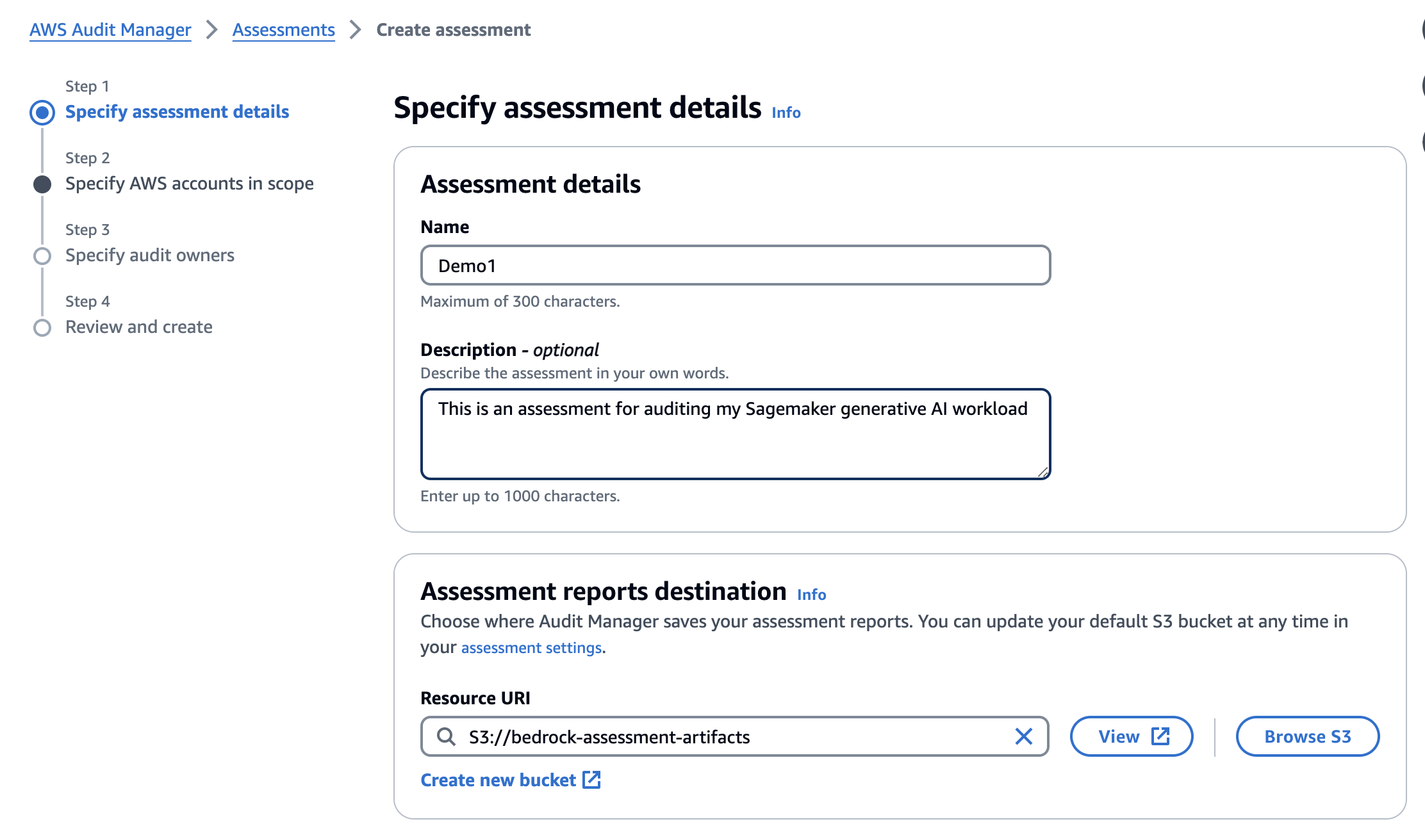 Step 1 screen of the assessment creation process. It has a textbox where you must enter a name for your assessment and a description text box where you can optionally enter a description.