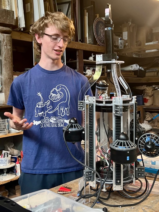 Boulder High incoming senior Kieran Abbott talks about his team's underwater robot on Friday at a teammate's workshop in Boulder. The Boulder High Robosharks are competing this week at the MATE ROV Competition 2024 World Championship in Kingsport, Tennessee. (Amy Bounds/Staff Writer)