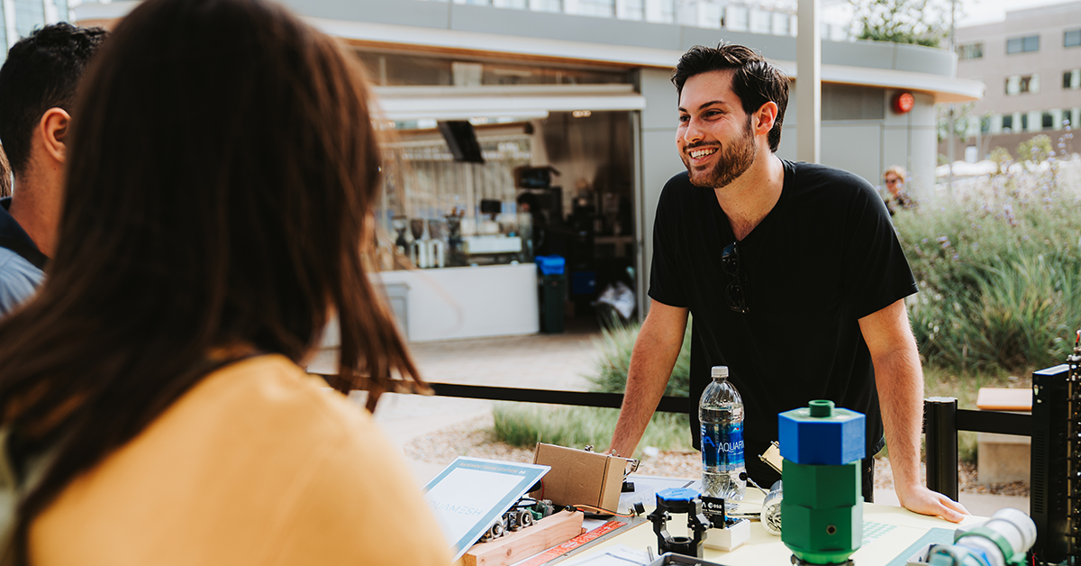 Student innovator showcases his passion for his startup. 