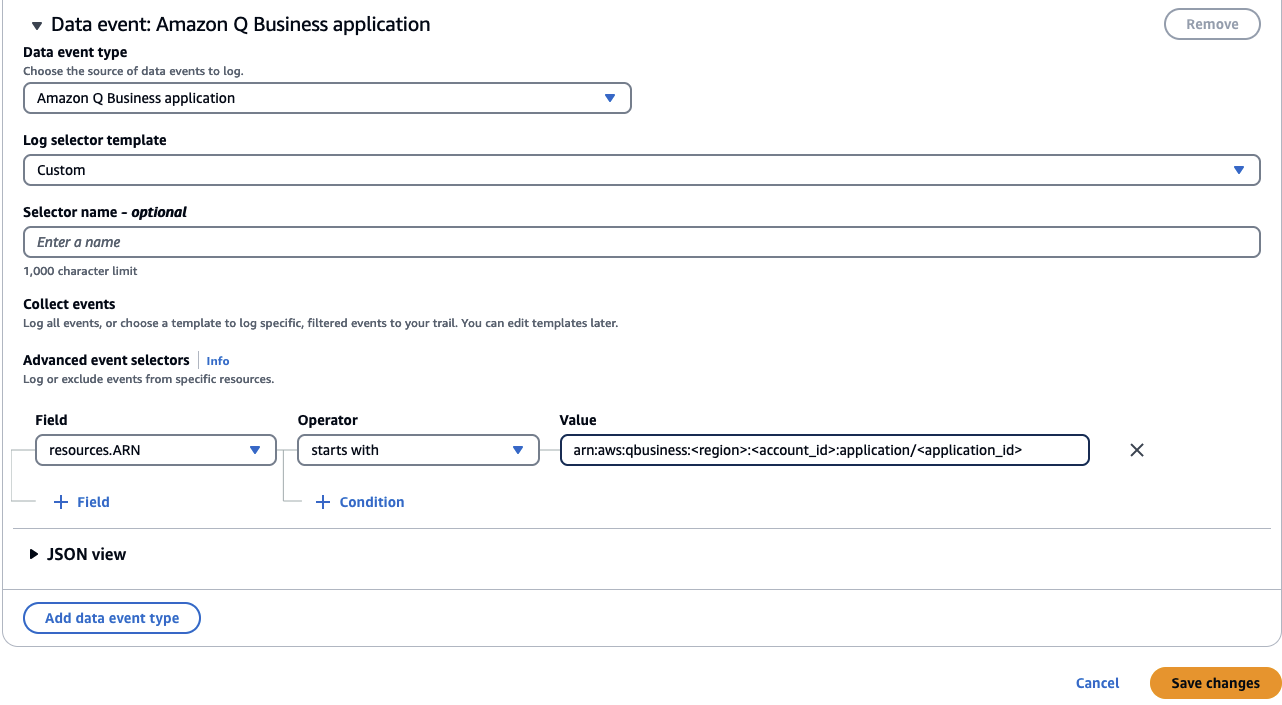 Image showing CloudTrail Lake event data store advance selectors