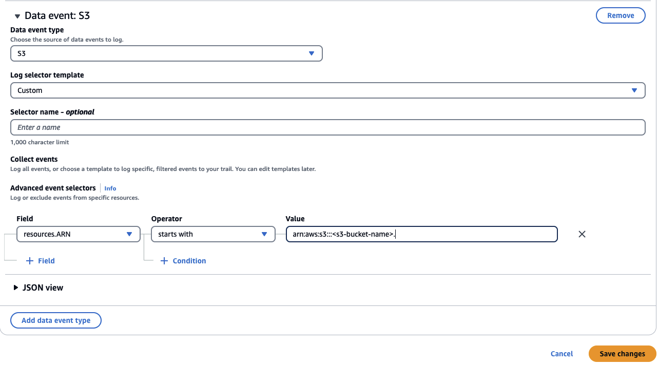 Image of CloudTrail Lake event data store settings showing advance event selectors selecting s3 buckets