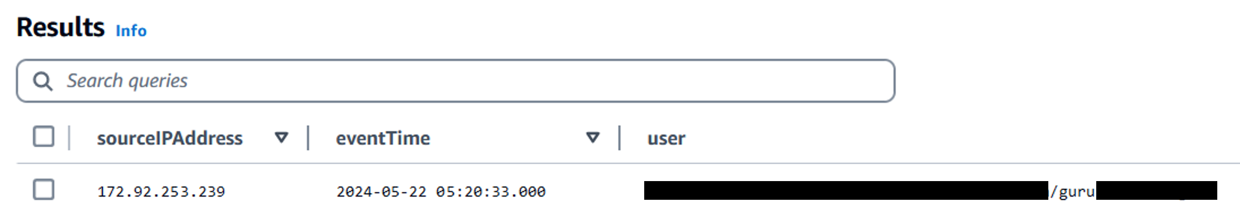 CloudTrail Lake quary result showing a sync job triggered