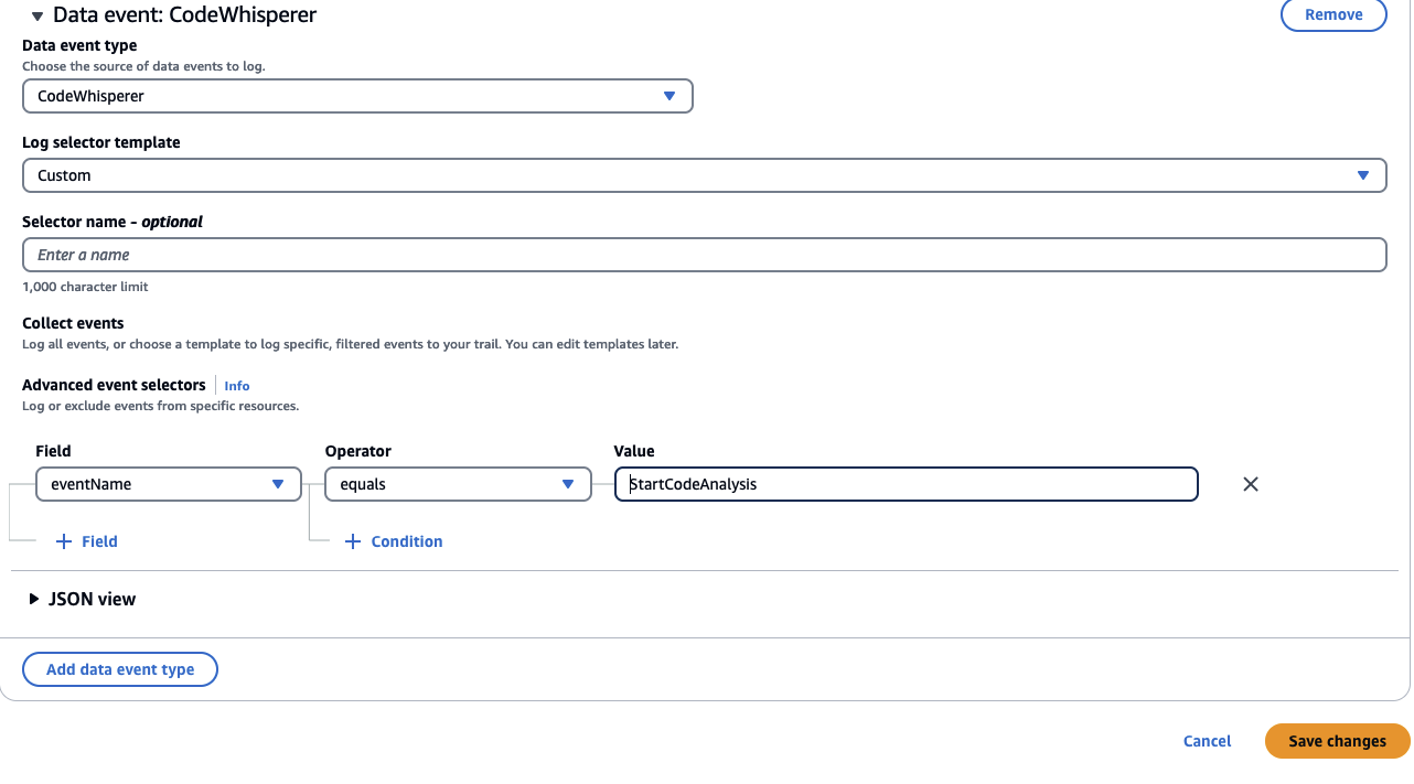 Image of CloudTrail Lake event data store settings showing advance event selectors selecting Codewhisperer events