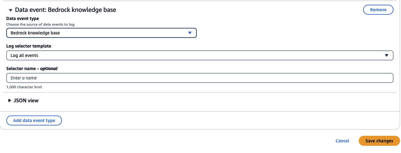 Image of CloudTrail Lake event data store settings showing selecting all bedrock events