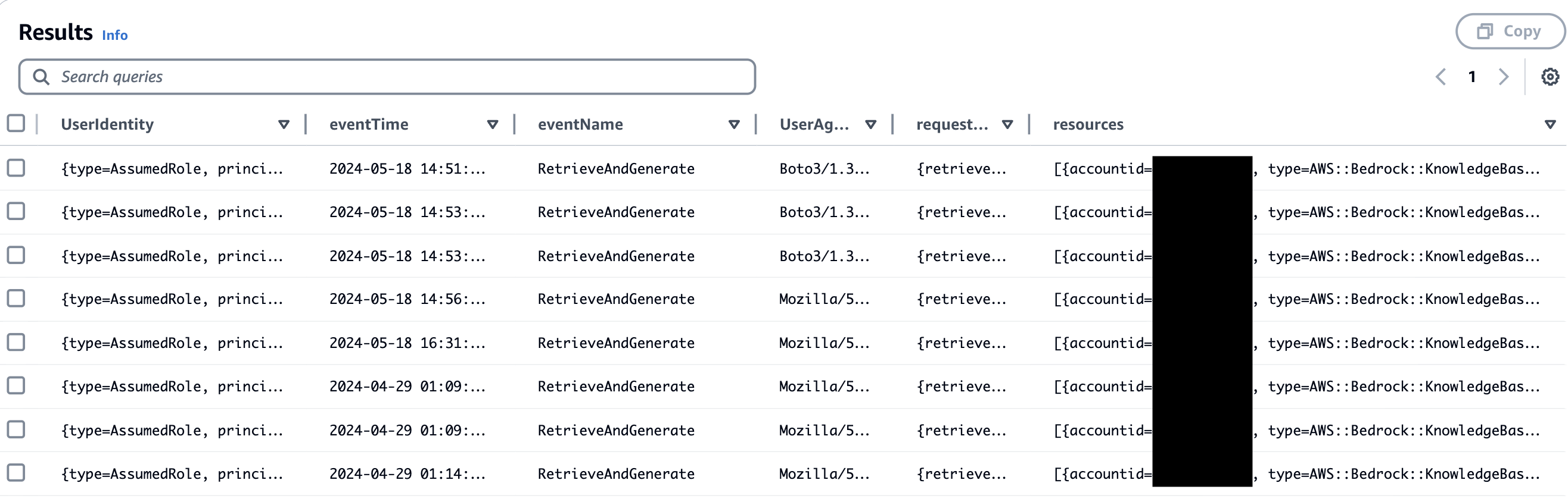 Image of CloudTrail Lake quary results showing list of calls for knowledgebases