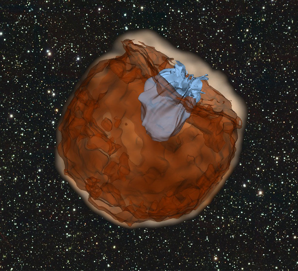 An orange structure in space is seen in this simulation, and a blue pocket exists within the structure.