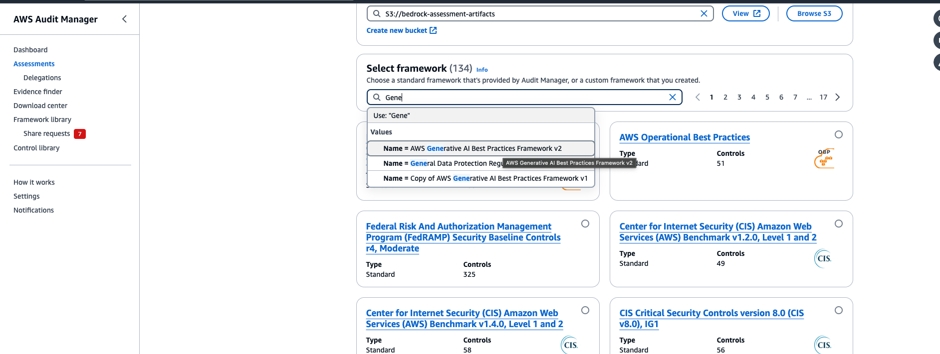 The Framework searchbox where we typed "gene" which is enough to bring a few results with the top one being "AWS Generative AI Best Practices Framework v2"