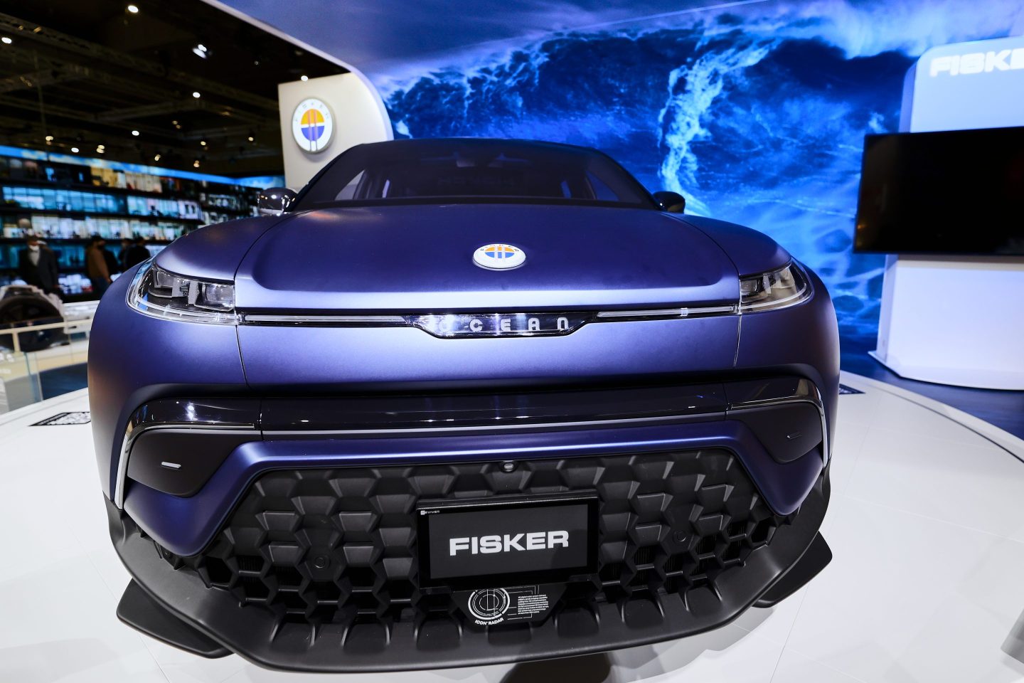 The Fisker Ocean, the bright-blue, all electric SUV from the American automaker, exhibited at Mobile World Congress (MWC).