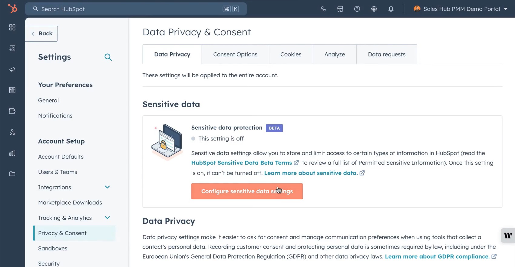 Screengrab of a HubSPot video showing how its new sensitive data protection feature will work. 