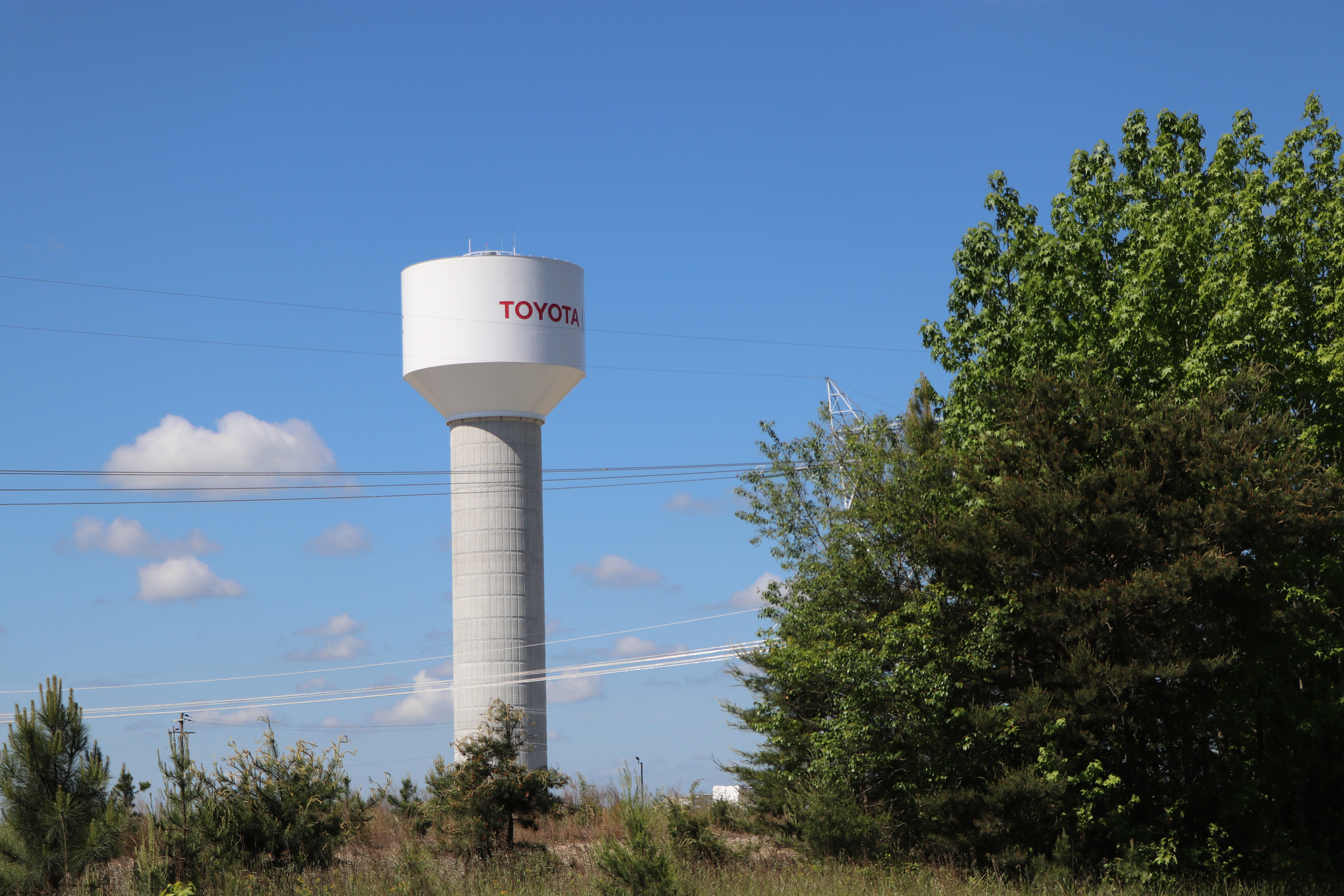 A Toyota water tower looms over the construction site of their battery manufacturing plant, which is expected to employ over 5,000 people. Credit: Nicole Norman/Medill News Service