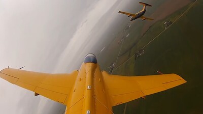 Two University of Iowa Operator Performance Laboratory L-29 Delfin jets conduct simulated air-to-air intercepts using AI as part of flight demonstrations in partnership with Lockheed Martin Skunk Works. Photo by: University of Iowa’s Operator Performance Laboratory