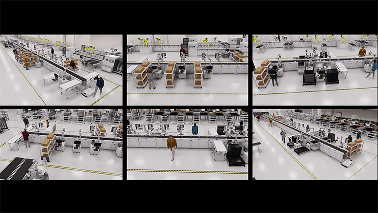 Foxconn virtual factory digital twin in six different panels.