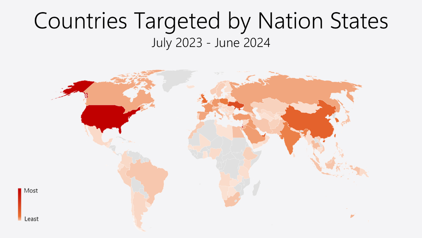 A heatmap of countries targeted by nation states.