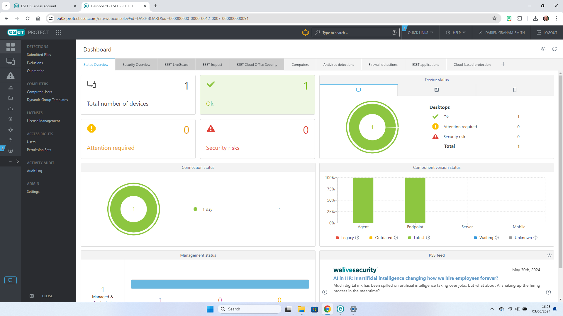 The Eset Protect antivirus dashboard