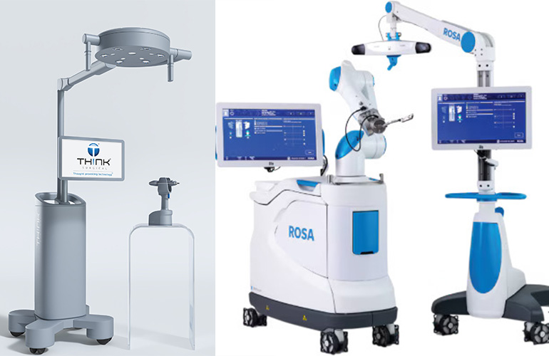 (Left) The THINK Surgical TMINI Miniature Robotic System, and (right) Zimmer Biomet's ROSA Robotics systems. | Source: THINK Surgical, Zimmer Biomet. 