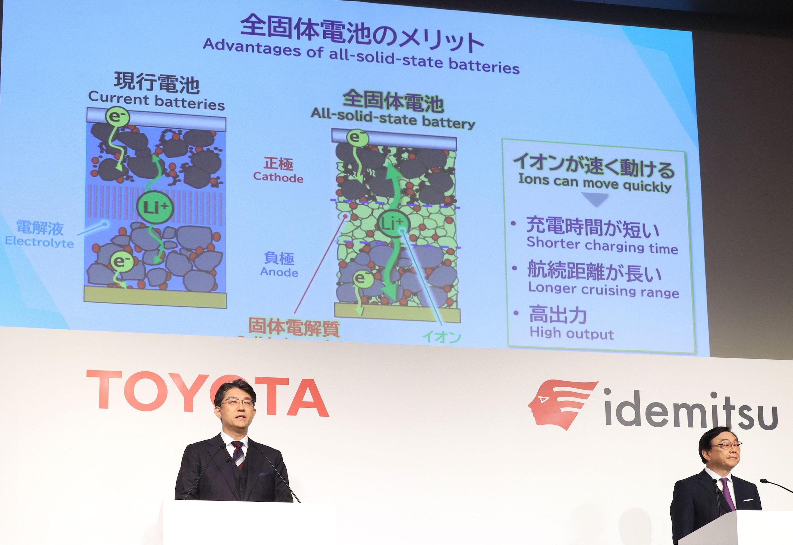 Two men giving speeches with Toyota battery technology in the PowerPoint in background