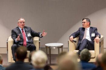 Texas A&M University President Mark Welsh and Halliburton CEO Jeff Miller '88