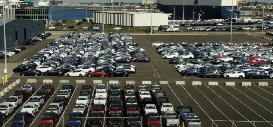 Thousands of Teslas sitting idle at Port Melbourne, amid reports of dipping sales. 