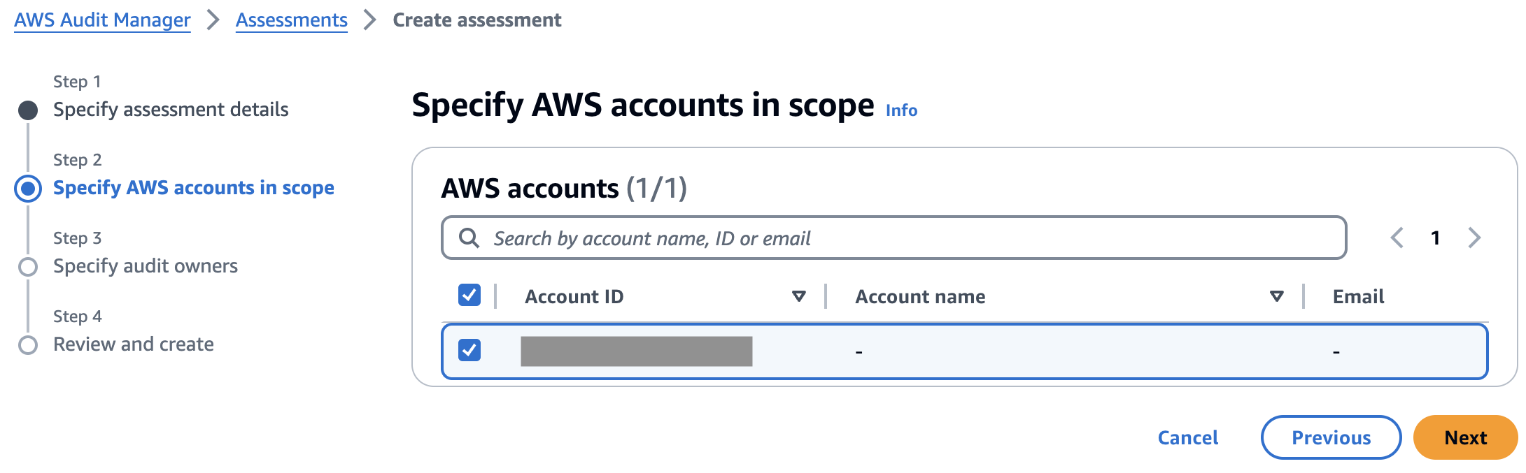 Screen displaying all the AWS accounts available for you to select that you want to include in your assessment.