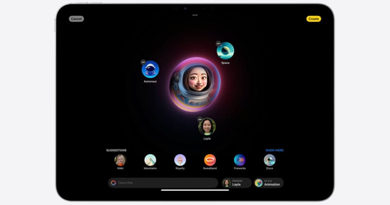 An iPad screen displaying the interface of Apple's new "Memoji" feature. The main focus is a large, circular Memoji of a person in an astronaut suit, surrounded by smaller circular icons showing different themes like "Space," "Mountains," and "Fireworks." A "Create" button is visible.