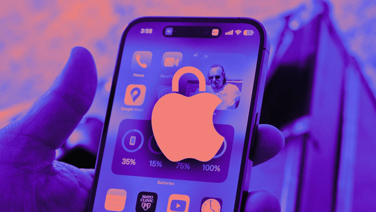 a hand holding an iPhone 15 Pro Max with an Apple lock symbol overlaid on the screen in a purple tint.