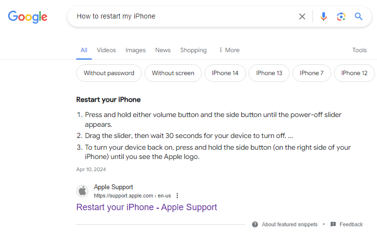 Google featured snippet answering the question of how to restart my iPhone.