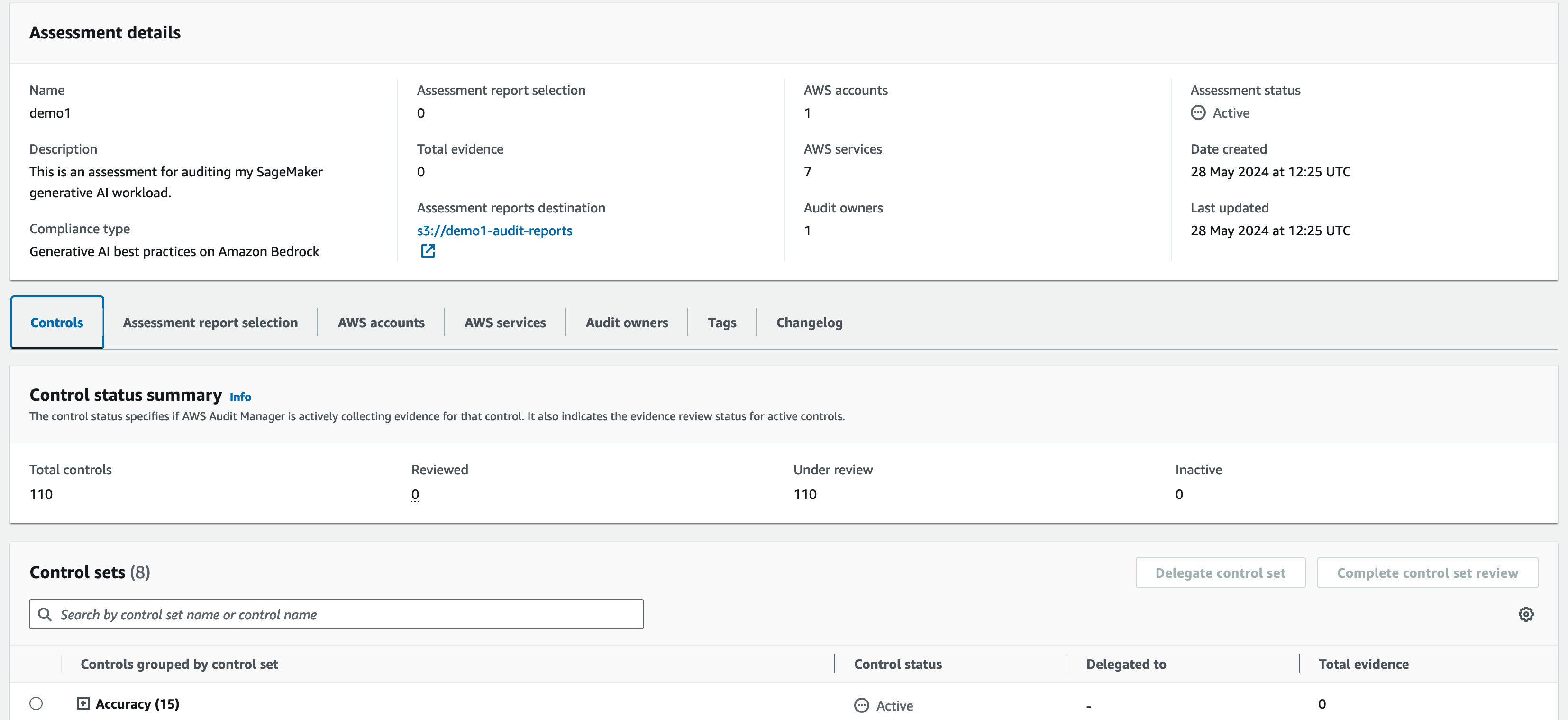 The summary screen for the assessment showing details such as how many controls are available, the status of each control displaying whether they "under review" or their compliance status plus tabs where you can revisit the assessment configuration.