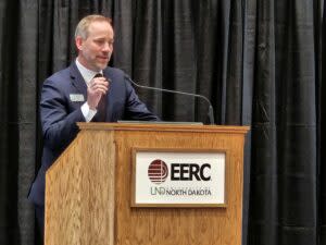  Charles Gorecki, CEO of the Energy and Environmental Resource Center, speaks March 1, 2024, in Grand Forks to the North Dakota Petroleum Council. (Jeff Beach/North Dakota Monitor)